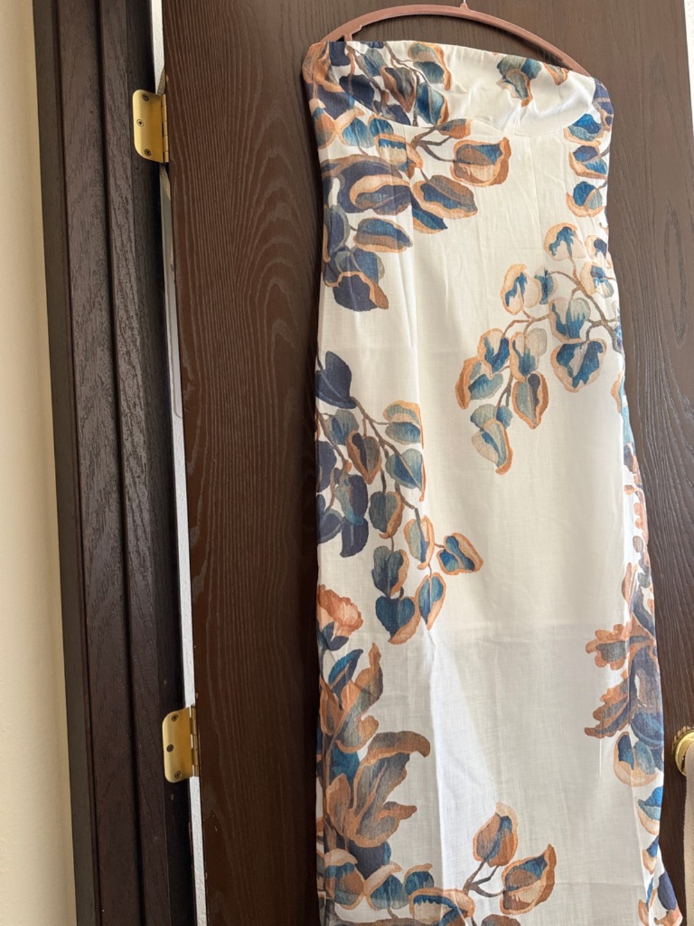 Strapless Commense Floral Maxi Dress in White with Blue & Tan Print